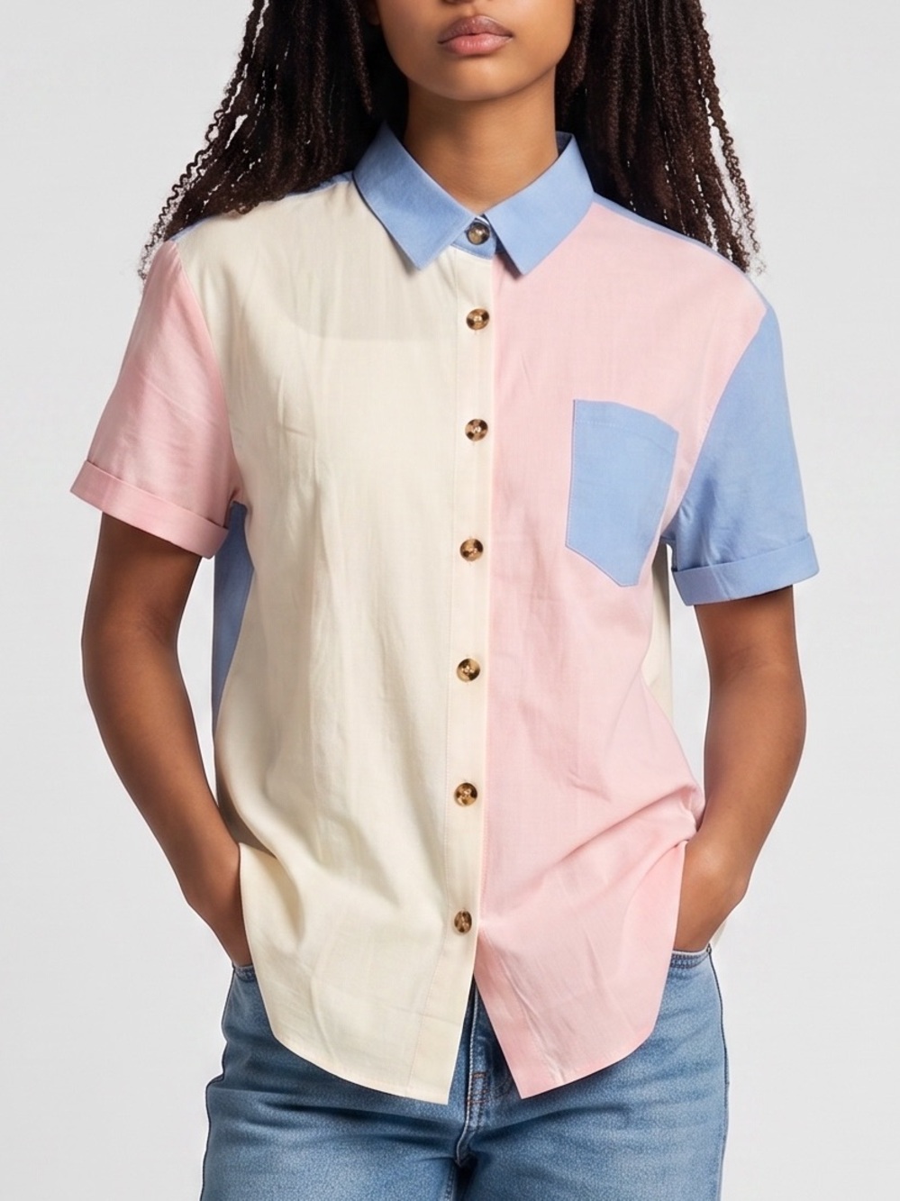 zeagoo Cotton Colorblock Short Sleeve Button-Down Shirt in Pink, Blue & White